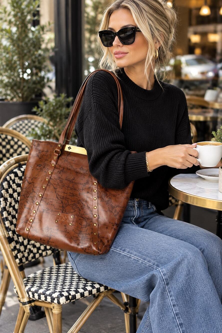 PATRICIA NASH Brown Leather Benvenuto Italy Map Antique Brass Tote Shoulder Bag